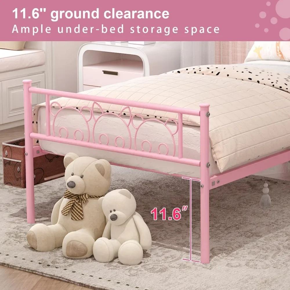 Pink Twin Bed Frames com cabeceira pendurada, armazenamento Caddy para adolescentes e adultos, bonito Twin Size Bed Frame, cabeceira