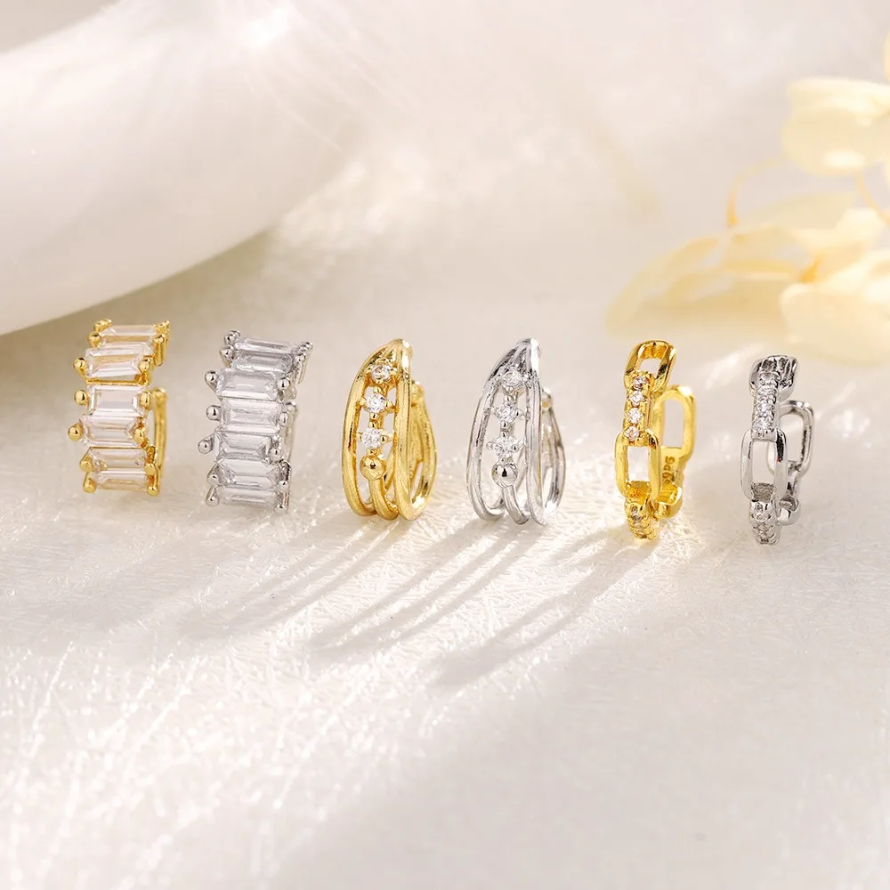 Women Zircon Double Layer Ear Clips No Piercing Square Flash Diamond Cross Chain Ear Bone Cuff Non Hole Fake Earrings