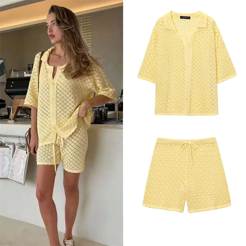 

Women's suit 2025 new knitted crochet flower versatile short sleeve drawstring shorts summer beach bikini