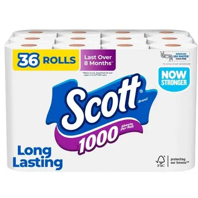 Bathroom Tissue 1000 Septic-Safe 1-Ply - 4 Rolls: 1000 Sheets Per Roll for Everyday Household Use