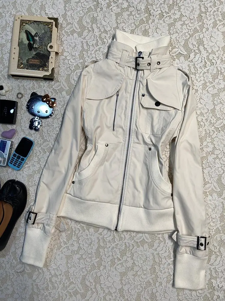 White Stand Collar Moto&Biker Coat Women American Vintage Long Sleeve Zipper Tops Mujer 2025 Spring Autumn New Jackets