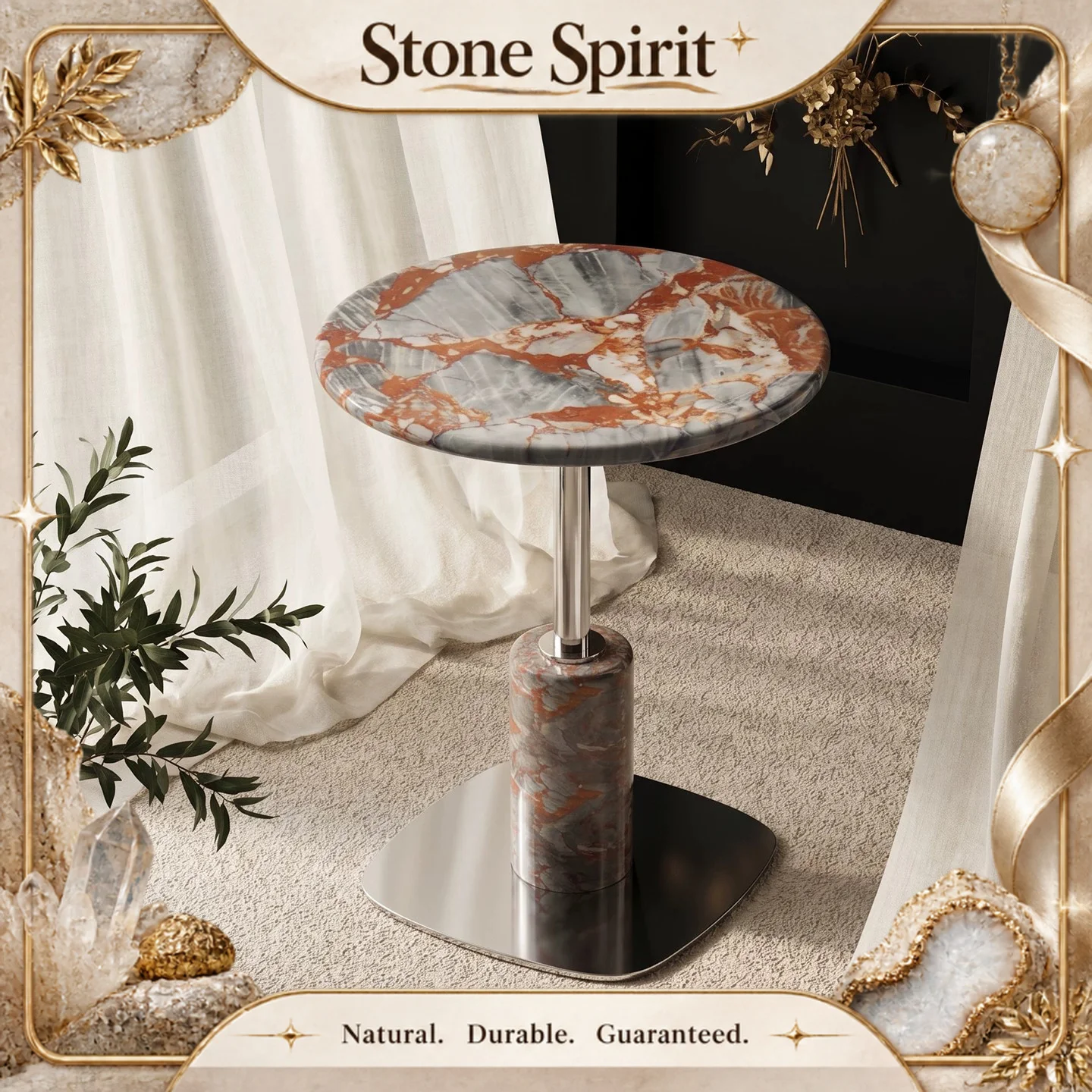 Vintage Color Stone Round Side Table Natural Marble Top Stainless Steel Base Art Accent End Table Living Room Sofa Corner Table