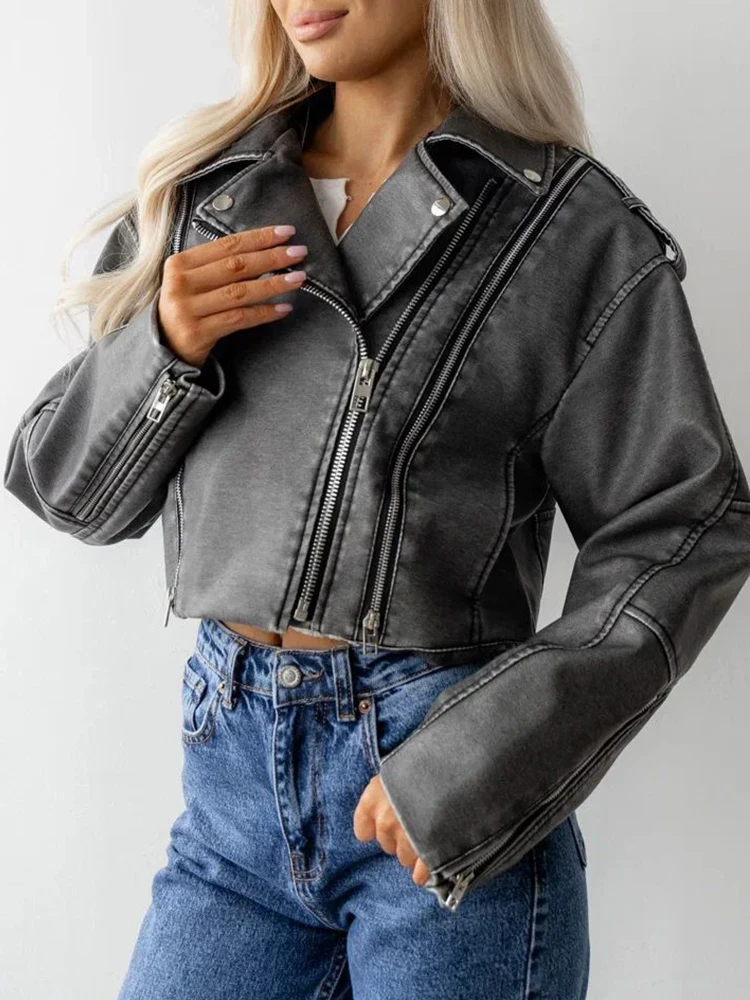 Ailegogo Streetwear Women Retro Short Pu Faux Leather Jacket Spring Autumn Female Zipper Coat Vintage Moto Biker Outwear