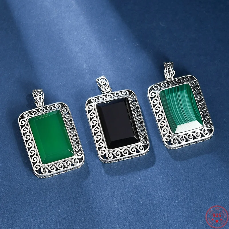 S925 Sterling Silver Pendants for Women New Fashion Square Hollow Carved Inlaid Agate Malachite Buddha Amulet Free Shipping