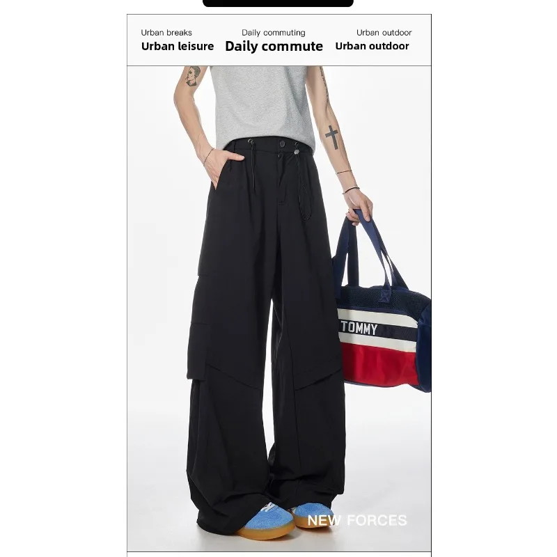 

Mens Trousers Black Curved Knife Trousers Skateboarding Sports Trousers American Spring and Autumn Outdoor Loose Sports Wide-leg