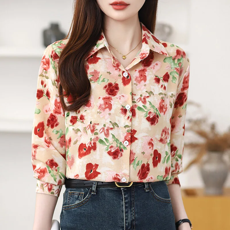 Women Clothing Chic Vintage Floral Printing Shirt Spring Autumn Casual Loose Turn-down Collar Long Sleeve Blouses Fashion Tops