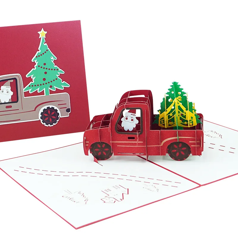 

Новая горячая распродажа, рождественская поздравительная открытка, 3D трехмерная креативная рождественская машина, елка, бумажная резная открытка ручной работы