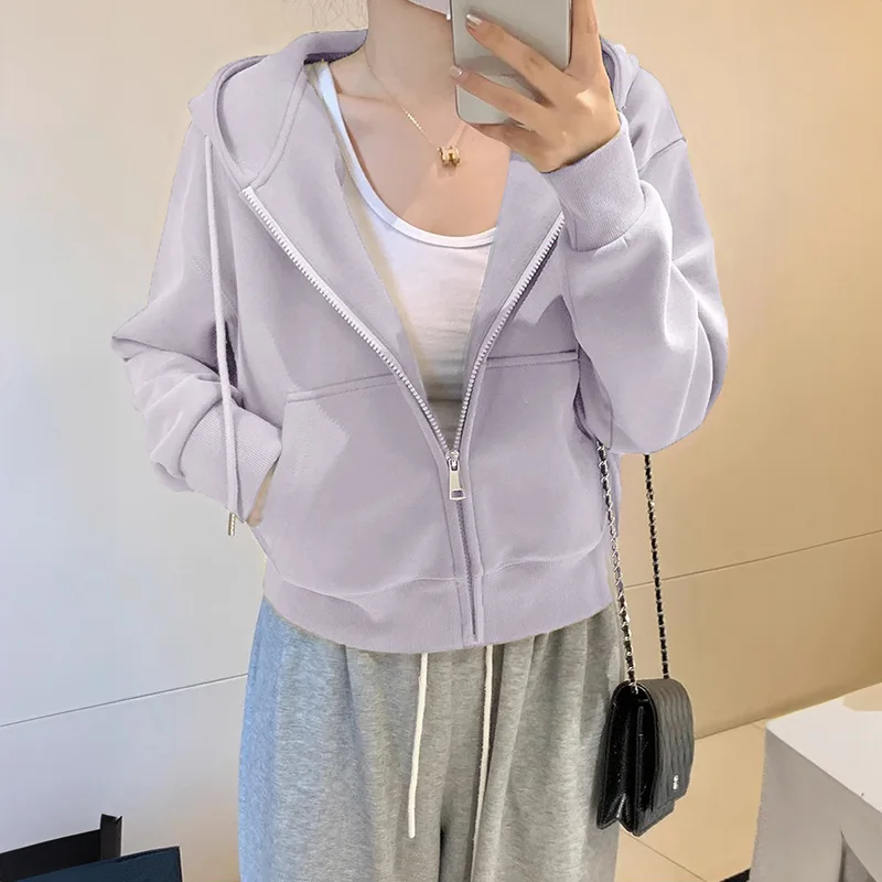 Women's Spring/Autumn 2025 hoodie jacket, lazy style short and slim fit casual versatile hoodie jacket with a hooded cardigan