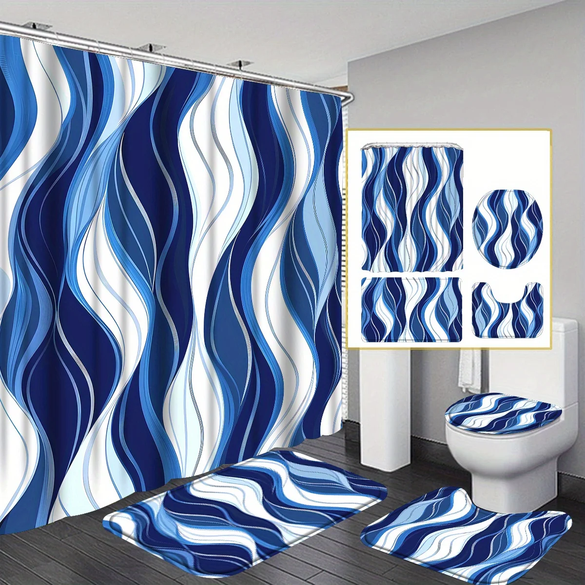 

4pcs Blue and Navy Striped Bathroom Shower Curtain Sets, Grey and White Shower Curtain Sets with Rugs, Modern Abstract Shower Cu