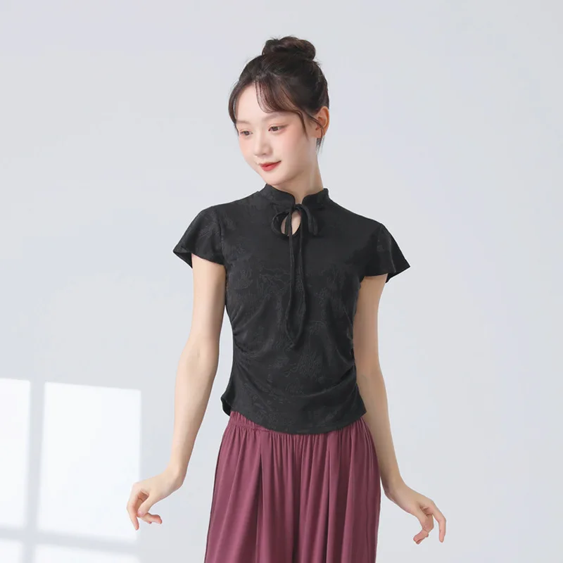 Nuovi abiti per la pratica della danza classica cinese, piccole maniche volanti da donna, maniche corte a fiori intrecciati, vestibilità slim quotidiana