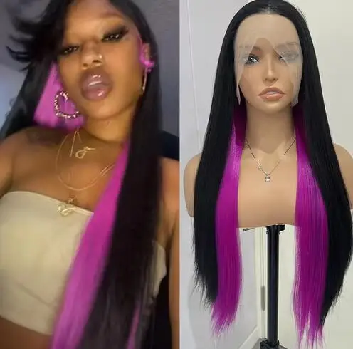 Highlights Black and Pink Wig Synthetic Lace Front Wigs For Women Hot Pink Long Silky Straight Rosy Synthetic Lace Hair Cosplay