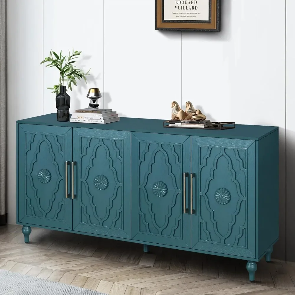 

Sideboard Buffet Credenzas for Living Room, 63" Blue Entryway Table with Storage Accent Cabinet, Carved Flowers Doors