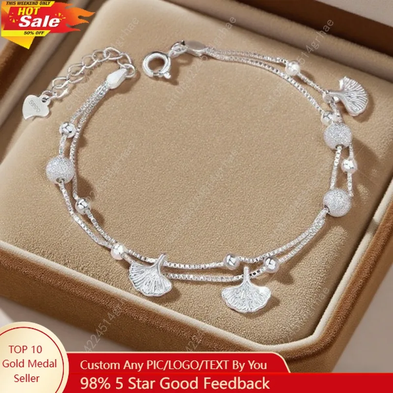 

Luxury 925 Sterling Silver Leaf Bracelets For Women Girls Vintage Korean Double Layer Beaded Bracelet Party Fine Jewelry Gifts