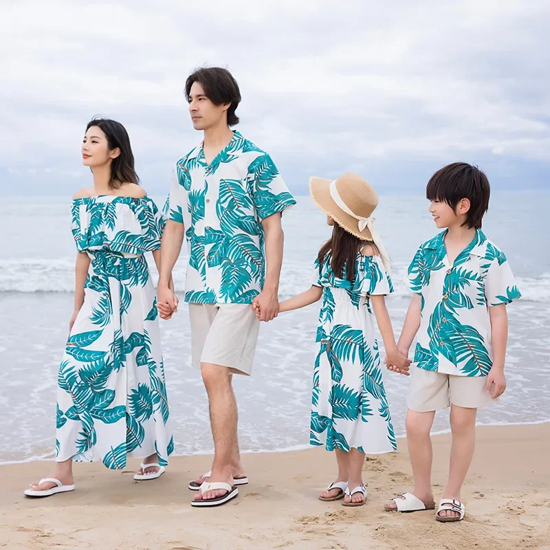 Beach Ware Clothes for Family Shirts Set Vacation Long Mother and Daughter Blue Dress for The Sea Resorts Look Father Son Outfit