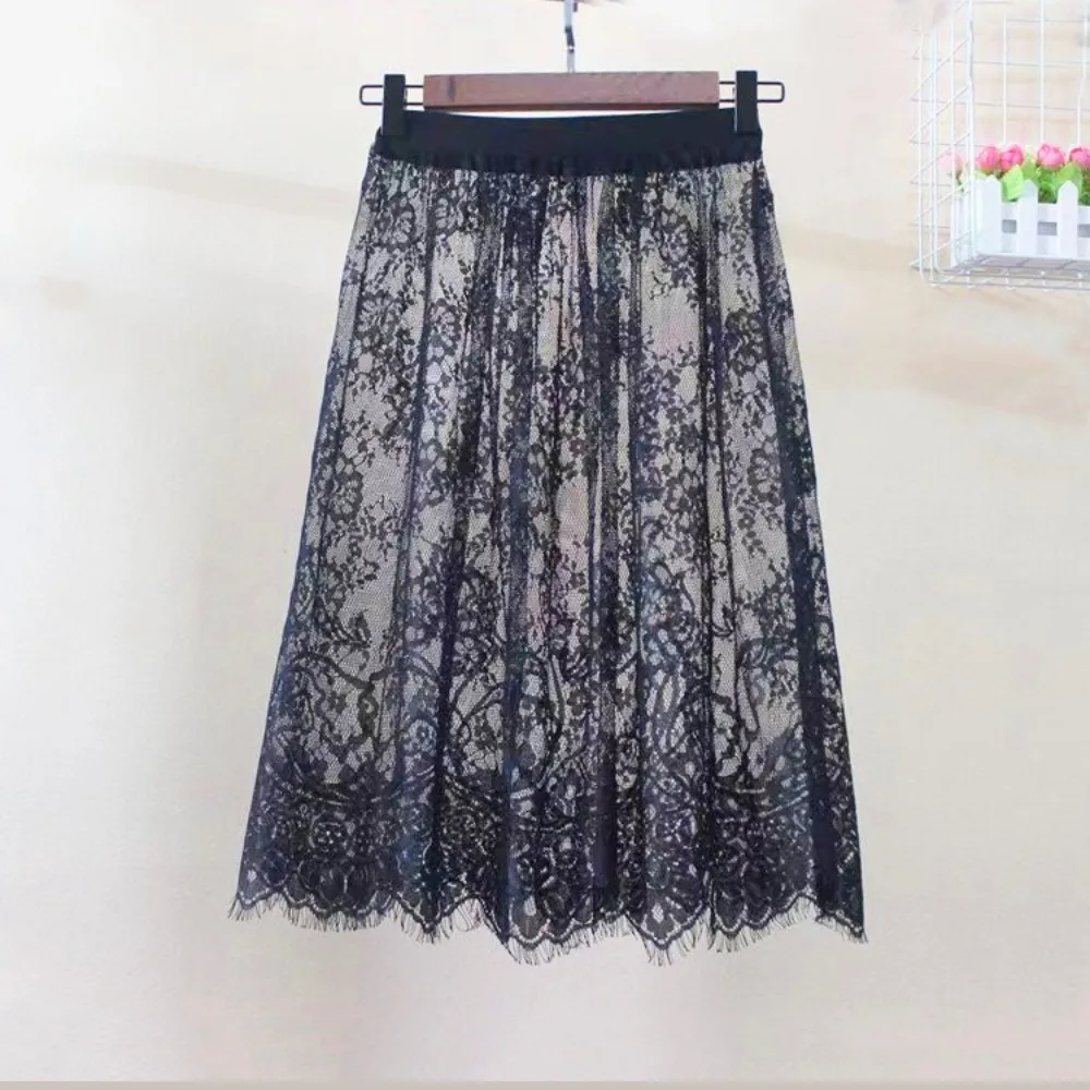 Fashion Transparent Sexy Lace Mesh Skirt Elegant Lace Long Tulle Skirt Ladies Elastic High Waist Womens Skirt Ladies