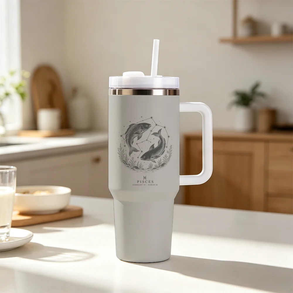 Pisces Zodiac Sign Print Vacuum Flasks 40oz 1200ML Insulated Tumbler With Handle & Straw Double Wall Thermal Travel Coffee Mug R