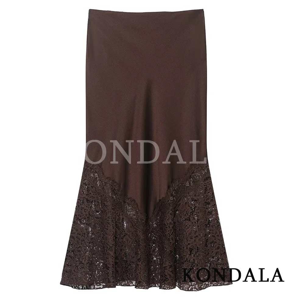 KONDALA Elegant Chic Lace Hem Satin Skirts Women High Street Holidays Midi Skirts 2026 Spring Fashion Trendy Lady Slim Skirts