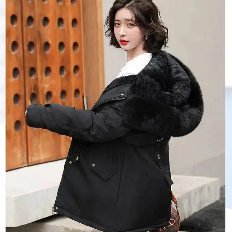 

Зимняя парка 2025 Новая женская куртка Одежда Длинное пальто Шерстяная подкладка Куртка с капюшоном Хутряный воротник Толстая теплая зимняя одежда Модная парка