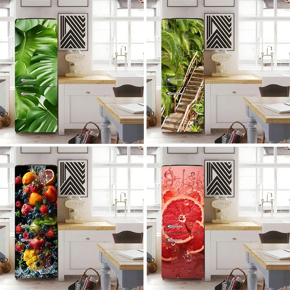 

Green Plants Palm Leaves Mural Fridge Door Sticker Decorations Waterproof PVC Delicious Fruit Refrigerator Door Wrap Decals