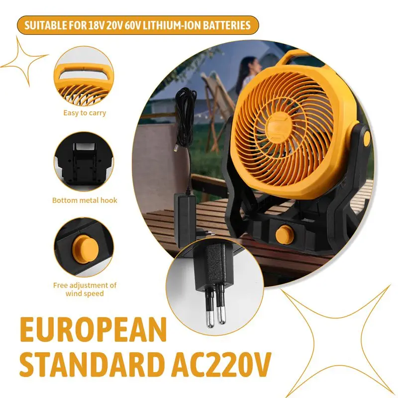 B69A EU Plug Powered Desktop Floor Fan For DCB200 18V 20V Lithium Battery Portable Camping Fan