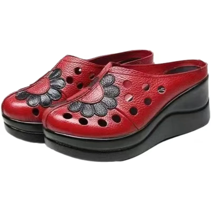 Women Ethnic Style Hollow Wedges Half slippers Summer New Thick Sole Lightweight Closed Toe Outdoor High Heel Slippers Sandals