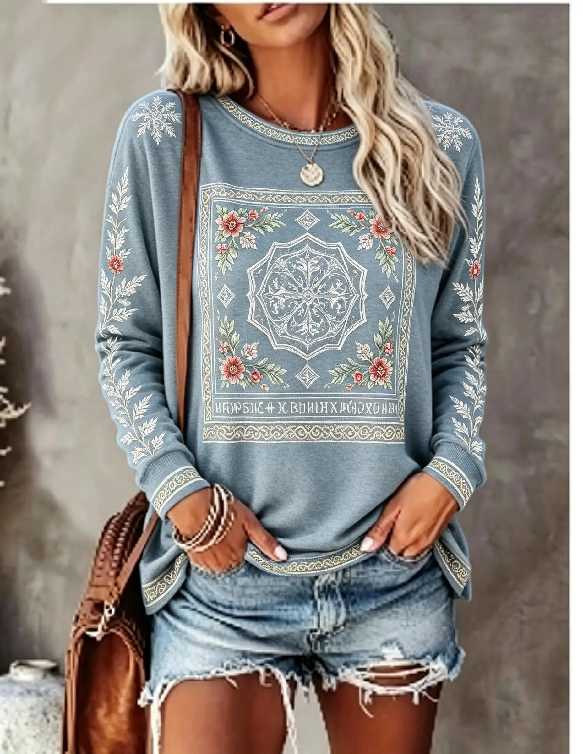 Women Crew Neck Long Sleeve T‑Shirt, Boho Mandala Ethnic Floral Print Casual Loose Pullover Tops view 3