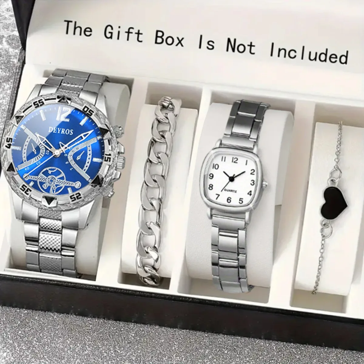 4pcs/set Couple Watches， Classic Stainless Steel Bracelet Quartz Movement Watch for Men ，Best Gift for Men University Supplies