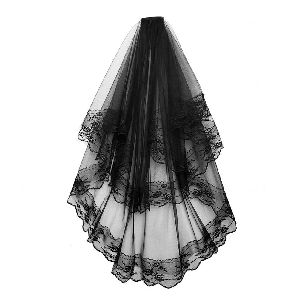 Double Layer Veil com Pente de Cabelo, Black Lace, Wedding Veil, Acessório de Cabelo, Tulle, Sheer, Headwear, Mantilla, 2 Camadas