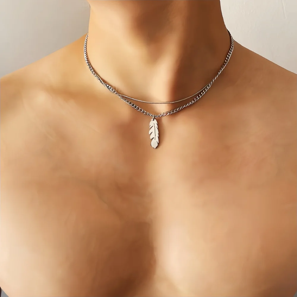 Einfache silberfarbene Edelstahl-Feder-Anhänger-Mehrschichtkette für Männer, Retro Hip-Hop Damen Party-Schmuck – Detail 1