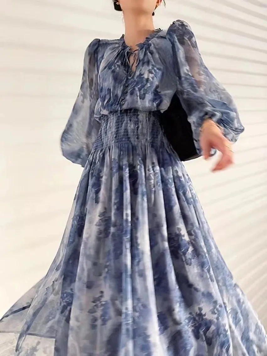 Runway French Spring Fairy Holiday Maxi Dress Women Lace Up O Neck Lantern Sleeve Flower Print Chiffon Elastic Waist Long Dress