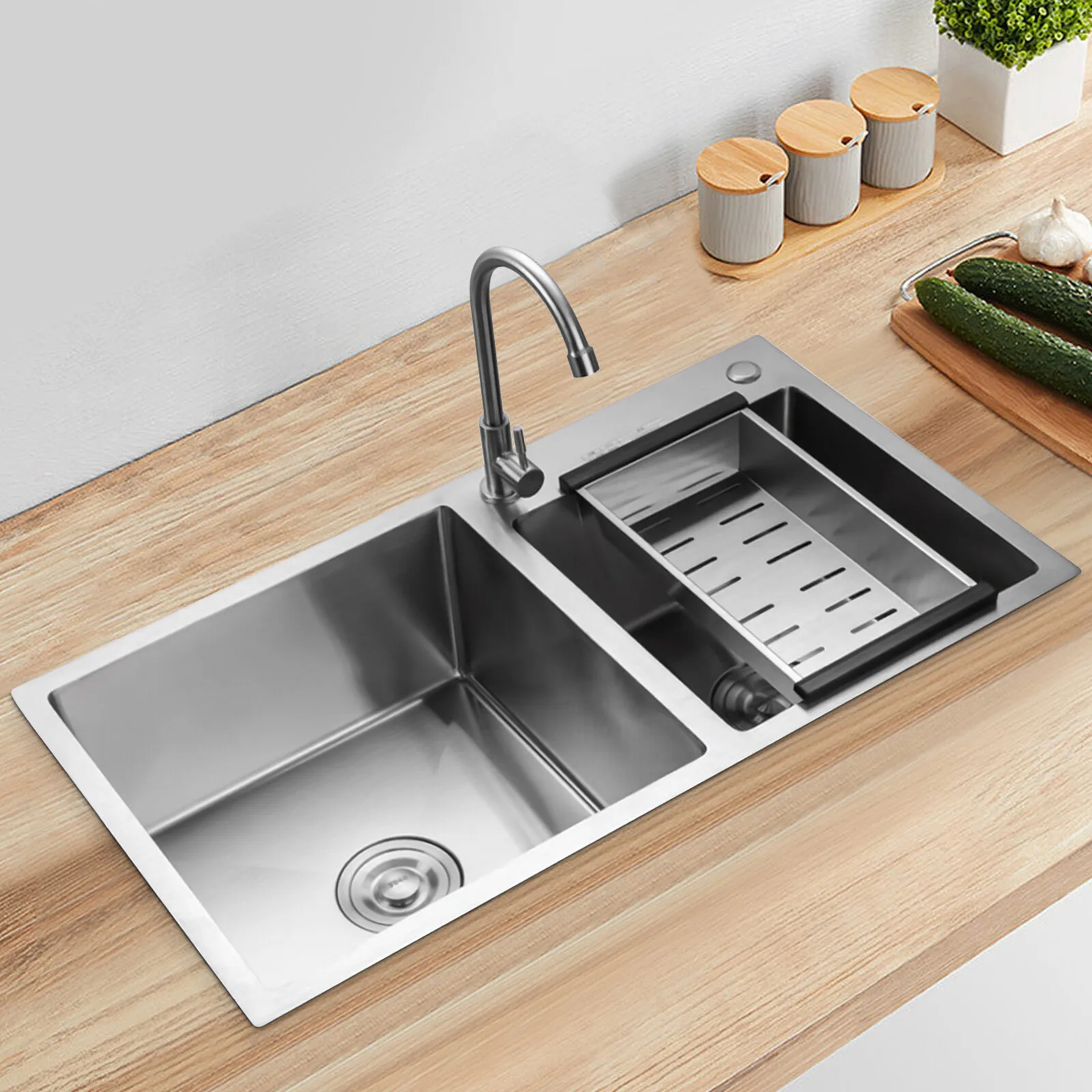 

Stainless Steel Double Bowl Drop-in Kitchen Sink Noise Reduction Efficient Drainage Anti-Condensation Easy to Clean