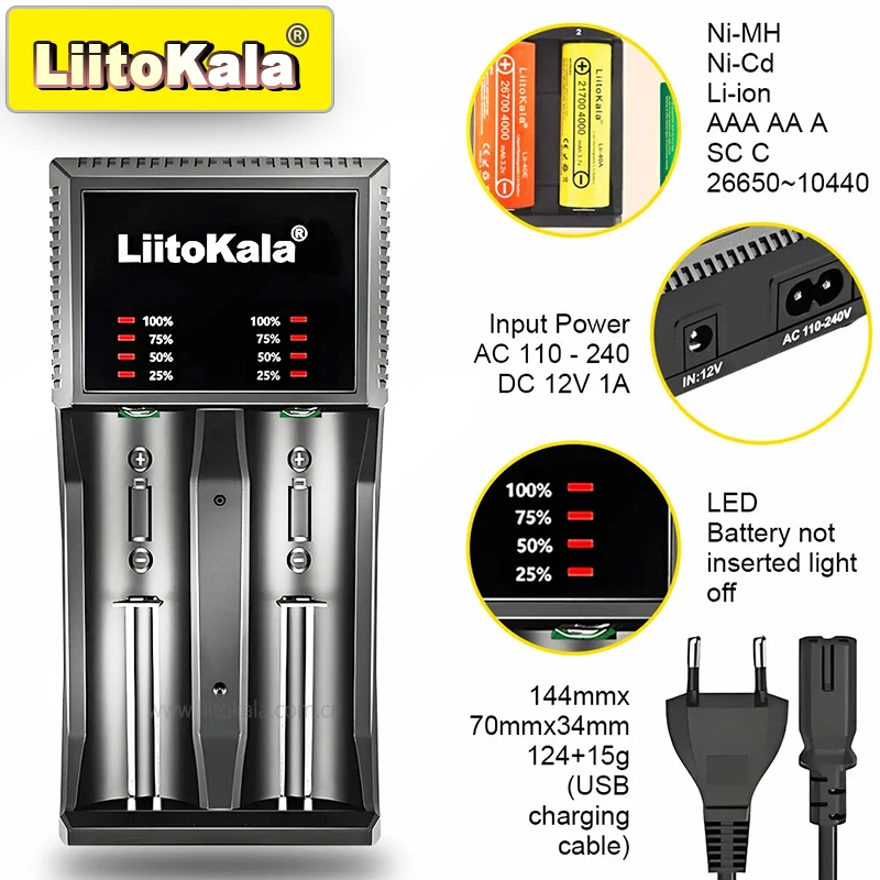 LiitoKala Lii-PL2 Dual Slot Fast Charger for Li-ion/Ni-MH/Ni-Cd 18650/AA/AAA, 2A Safe AC/DC Universal Battery Charger