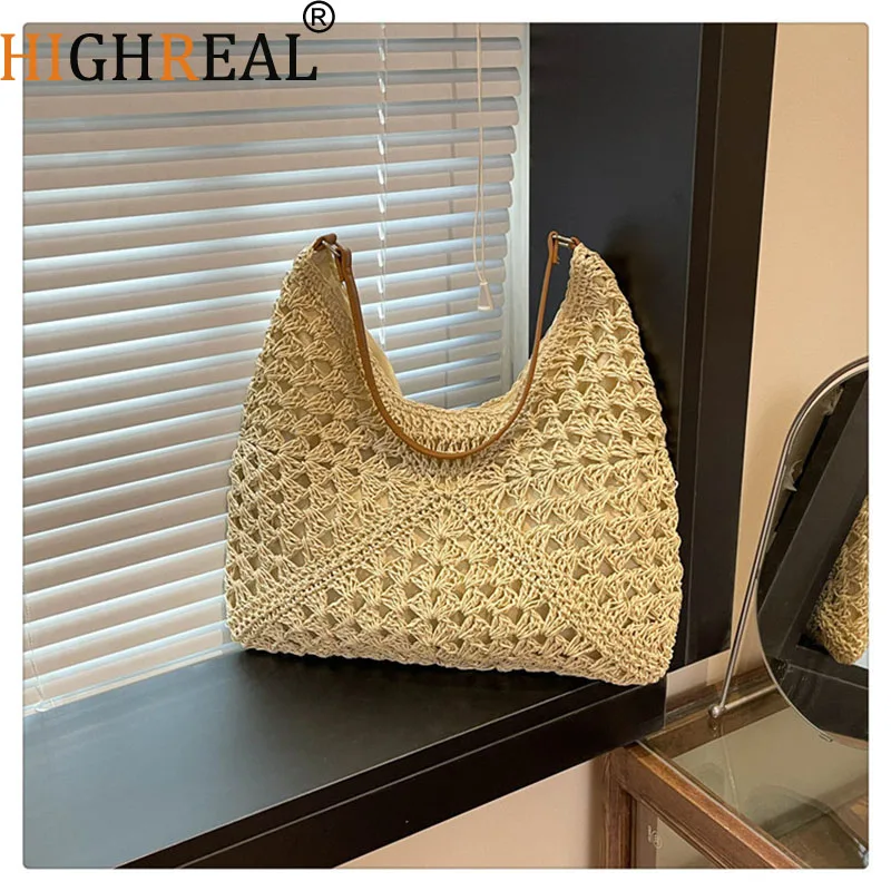 

Large Capacity Straw Weave Tote Bag for Women Hollow Out Summer Beach Handbag Bohemian Shoulder Bag Ladies Travel Bag