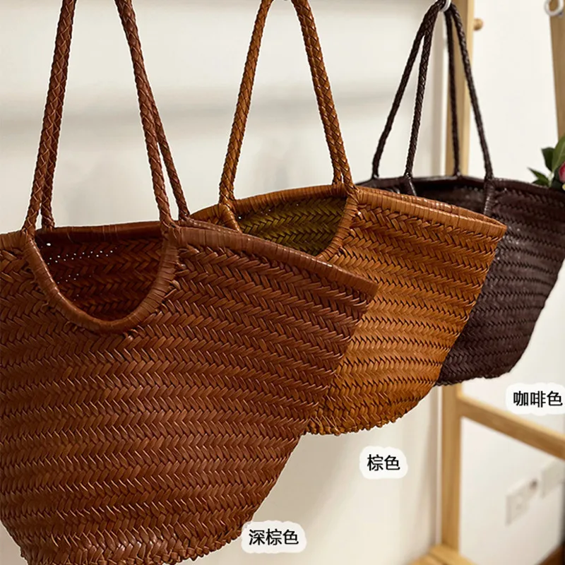 Fashion Woven Bag for Women Big Genuine Leather Tote Bag Large Summer Beach Travel Handbag Retro Handmade Shoulder Bag