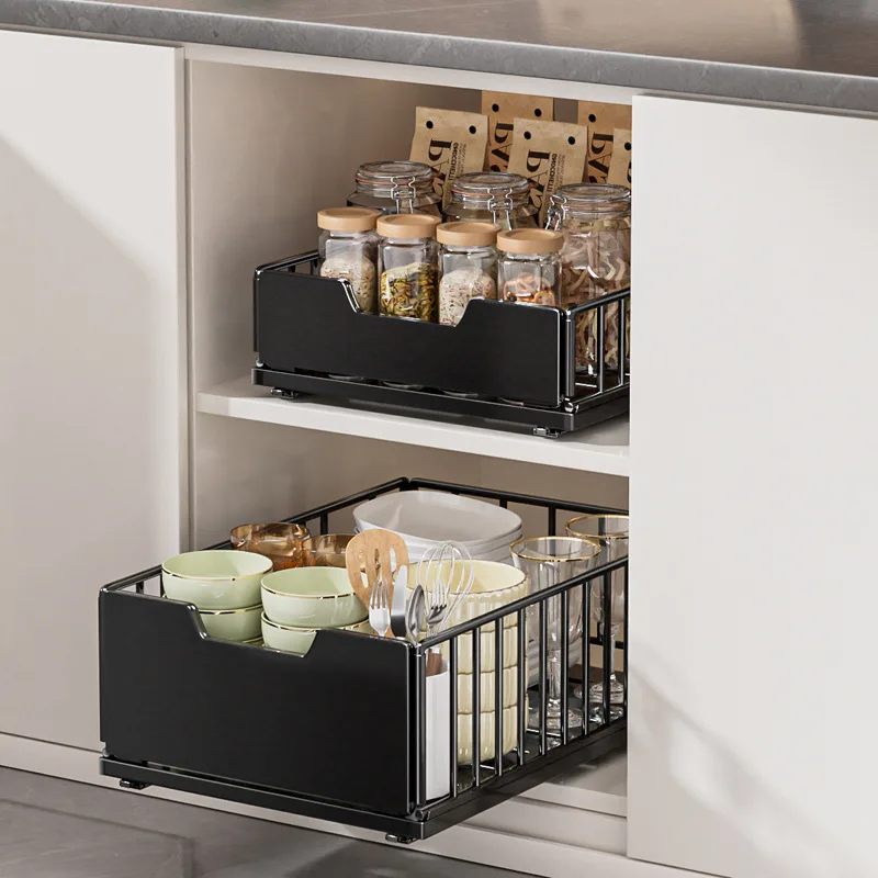 2-tier Sliding Foldable Drawer Kitchen Organizer Cabinet Under Sink Cupboard Storage Rack Spicy Bins Jars Bottles Rail Shelves