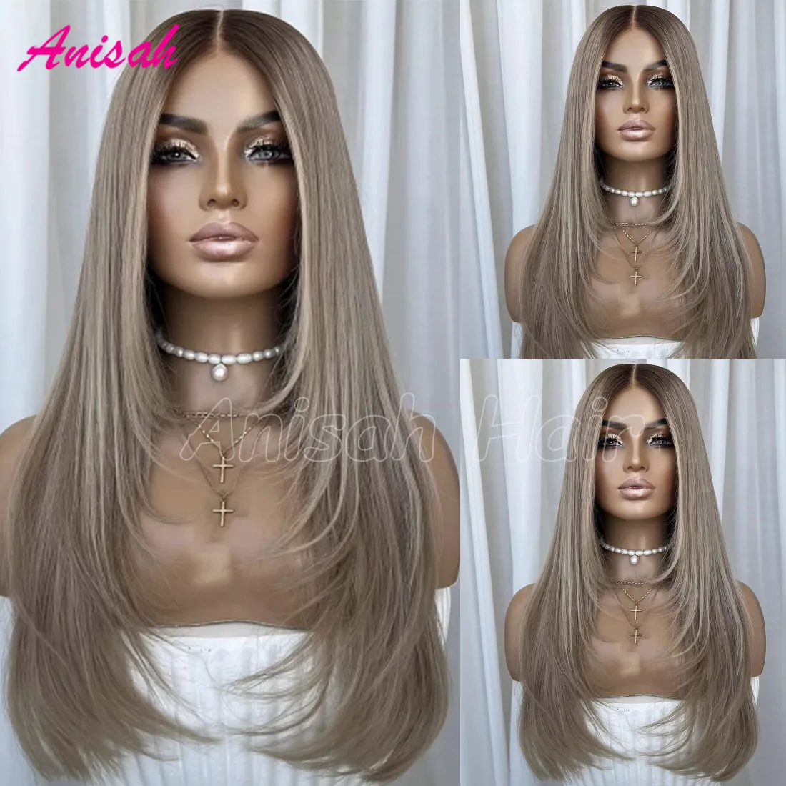 

Парик из натуральных волос с балаяжем: пепельно-русый с медными прядями, прямой многослойный стрижкой, 13x4, с кружевной передней частью