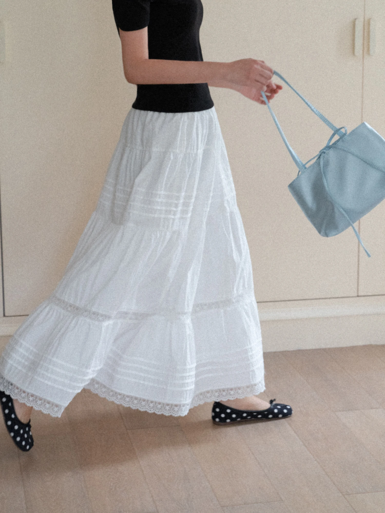 

White Lace A-Line Skirt Women's Spring Summer Korean Style Elastic Waist Slimming Skirt Eggka High Waist Cotton Blend