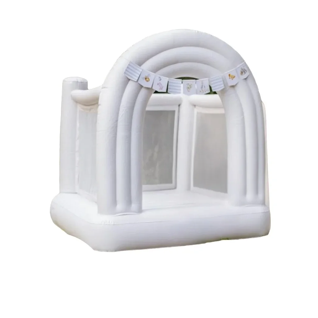 

This white, portable bouncy inflatable castle comes with a storage bag and can be folded for easy storage.