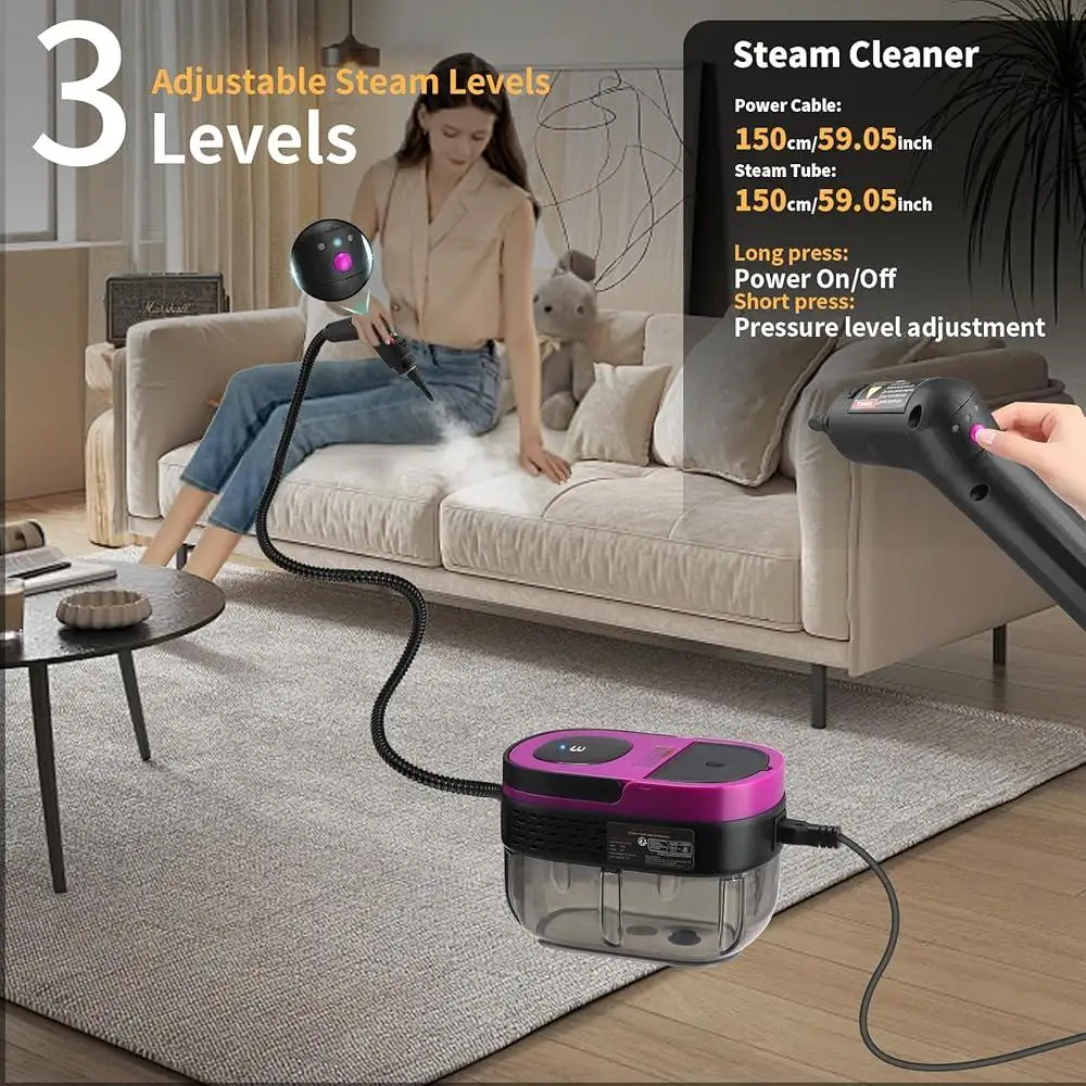 Portable Steam Cleaner 3-Level Adjustable Handle 15s Heat-Up Deep Cleaning Powerful Steamer with 10 Accessories Home and Kitchen