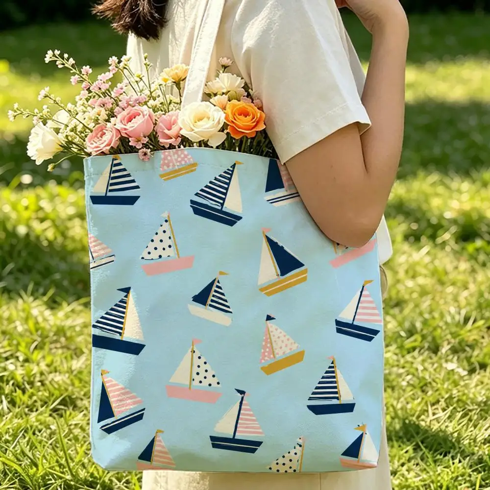 Drifting Small Boat Storage Bags Beach Canvas Shoulder Tote Bag Double-Sided Print Fashion Handbag for Travel Picnic