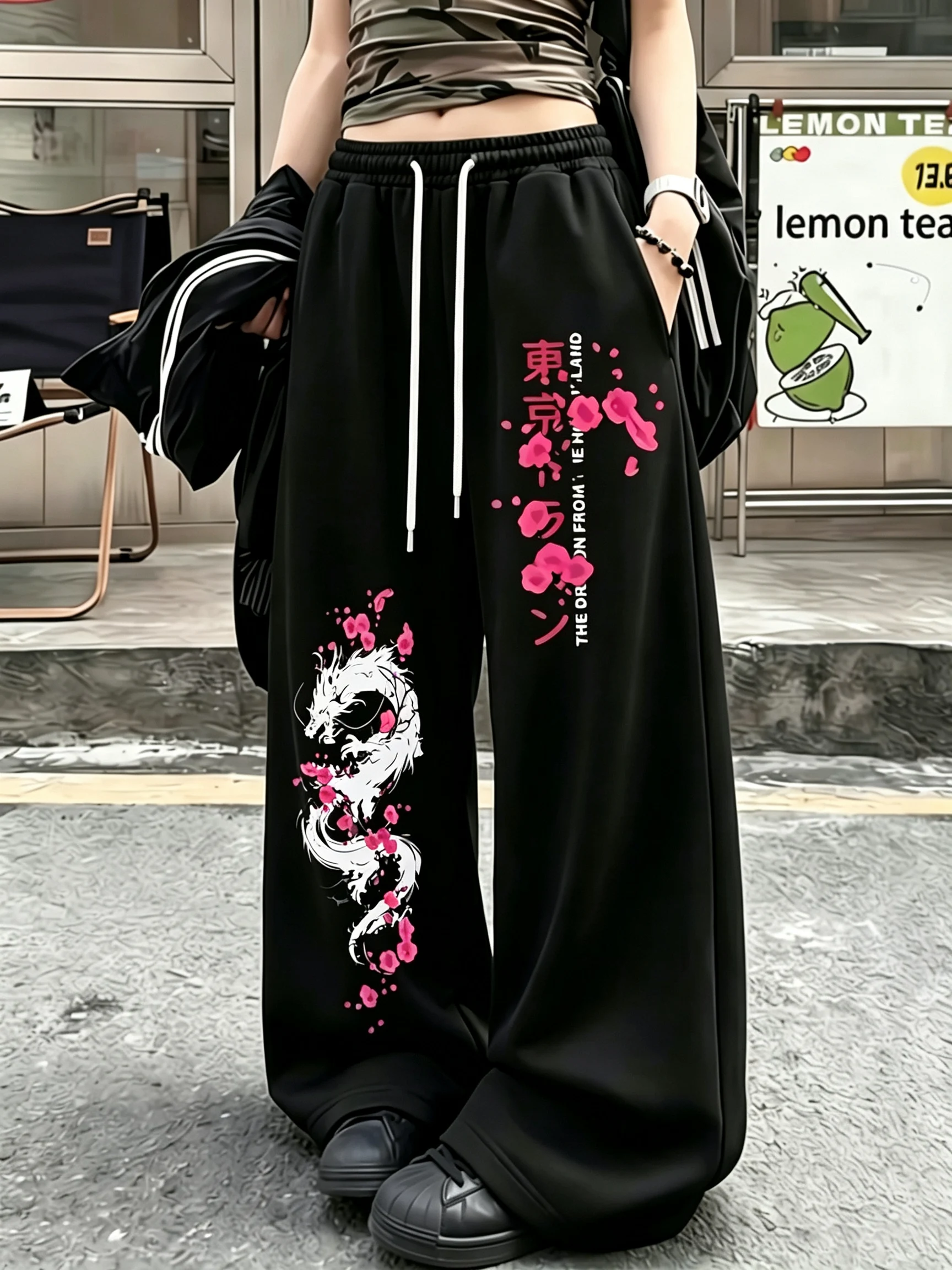 Neu eingetroffen: Sakura Dragon Letter Art Print Unisex-Jogger mit geradem Bein für Streetwear, Hip-Hop-Partys und den Alltag – Detail 6