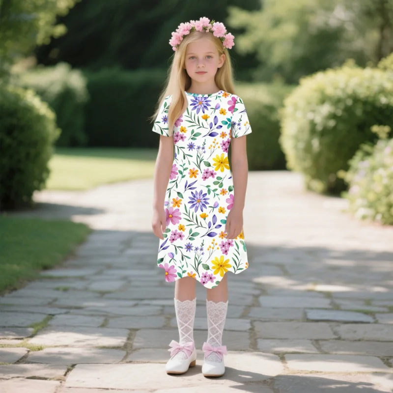 

2025 Girls Short Sleeve Floral Dress - Colorful Watercolor Floral Print Elegant A Version Kids Clothing, Summer Casual Dress