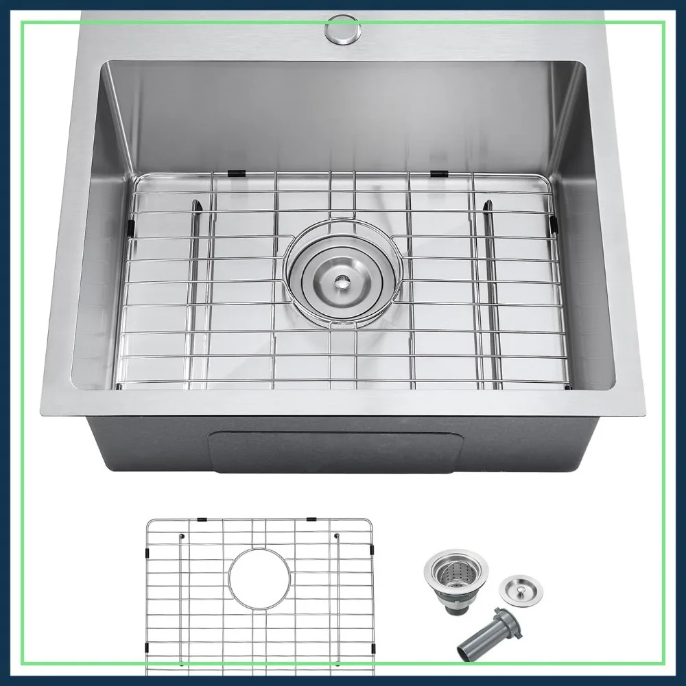 

23 Inch Drop In Kitchen Sink, Stainless Steel Single Bowl Topmount with Drain and Grid, D23xW18xH9
