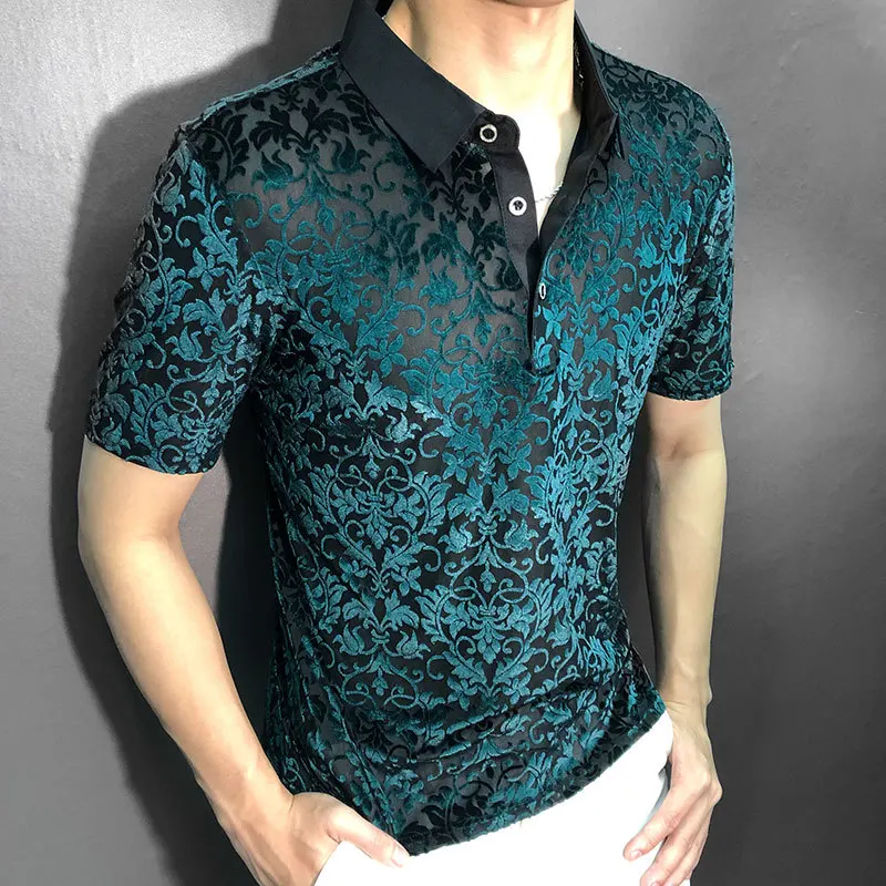 Black Gold Abstract Pattern Lace Sexy Polo See Quality Men Through Social Club Luxe Transparent Shirt Summer Short Sleeve Polo