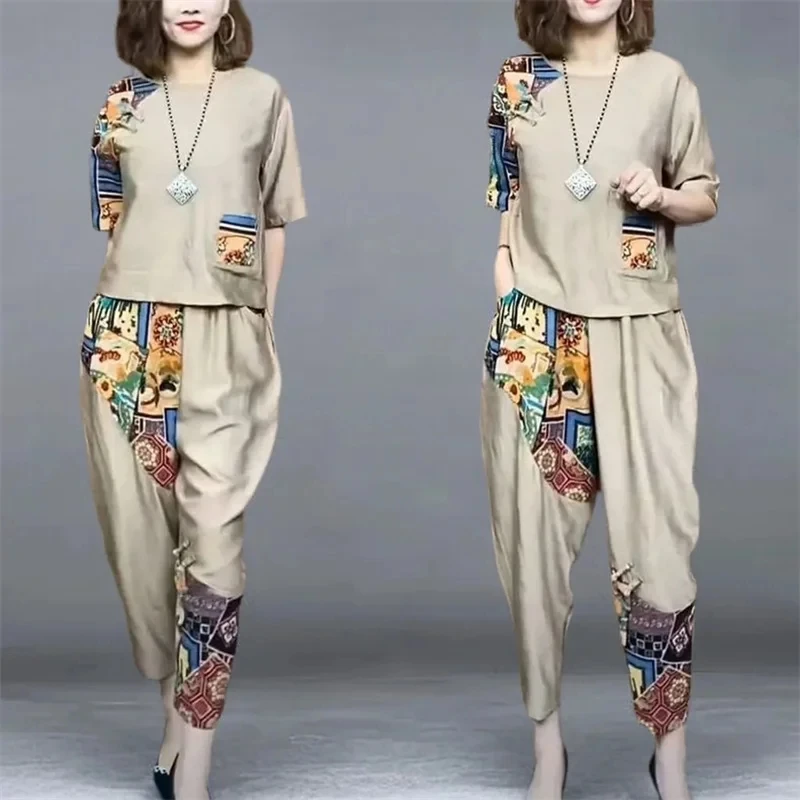 2024 Summer New Korean Ladies Cotton Linen Outfit 2PCS Ethnic Wind Suit Casual Two-Piece Women Short-Sleeved Shirt Suit Female
