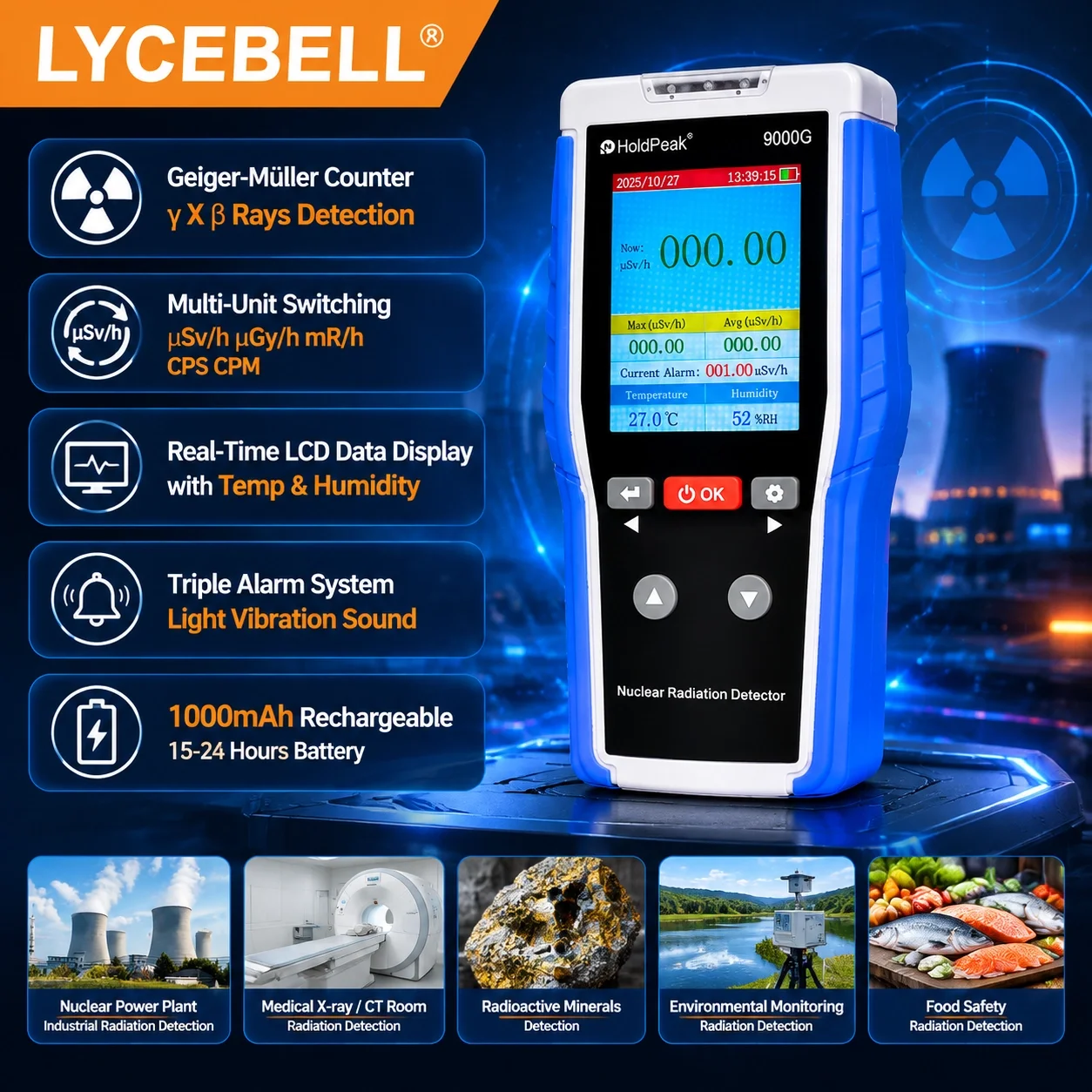 Monitor Nuclear Radiation with HoldPeak 9000G Geiger Counter γ/X/β Temp Humidity Triple Alarm 10000μSv/h