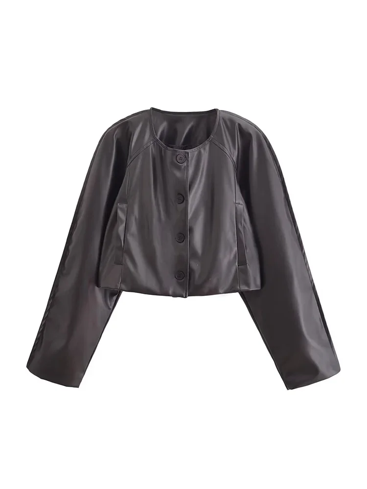 Pop Black PU Leather Jacket Casual Single-breasted Round Collar Loose Raglan Long Sleeve Temperament Shoulder Pad Leather Jacket