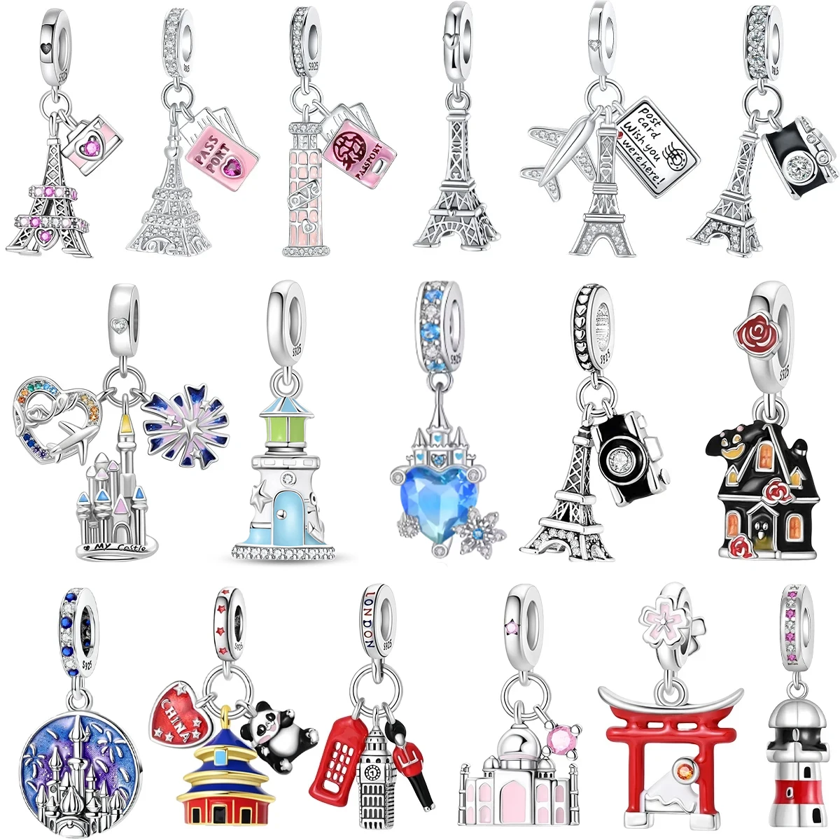 Original 925 Sterling Silver Feature Building Charms Tower Castle Travel Beads Pendants Fit Bracelet Necklace DIY Jewelry Gift