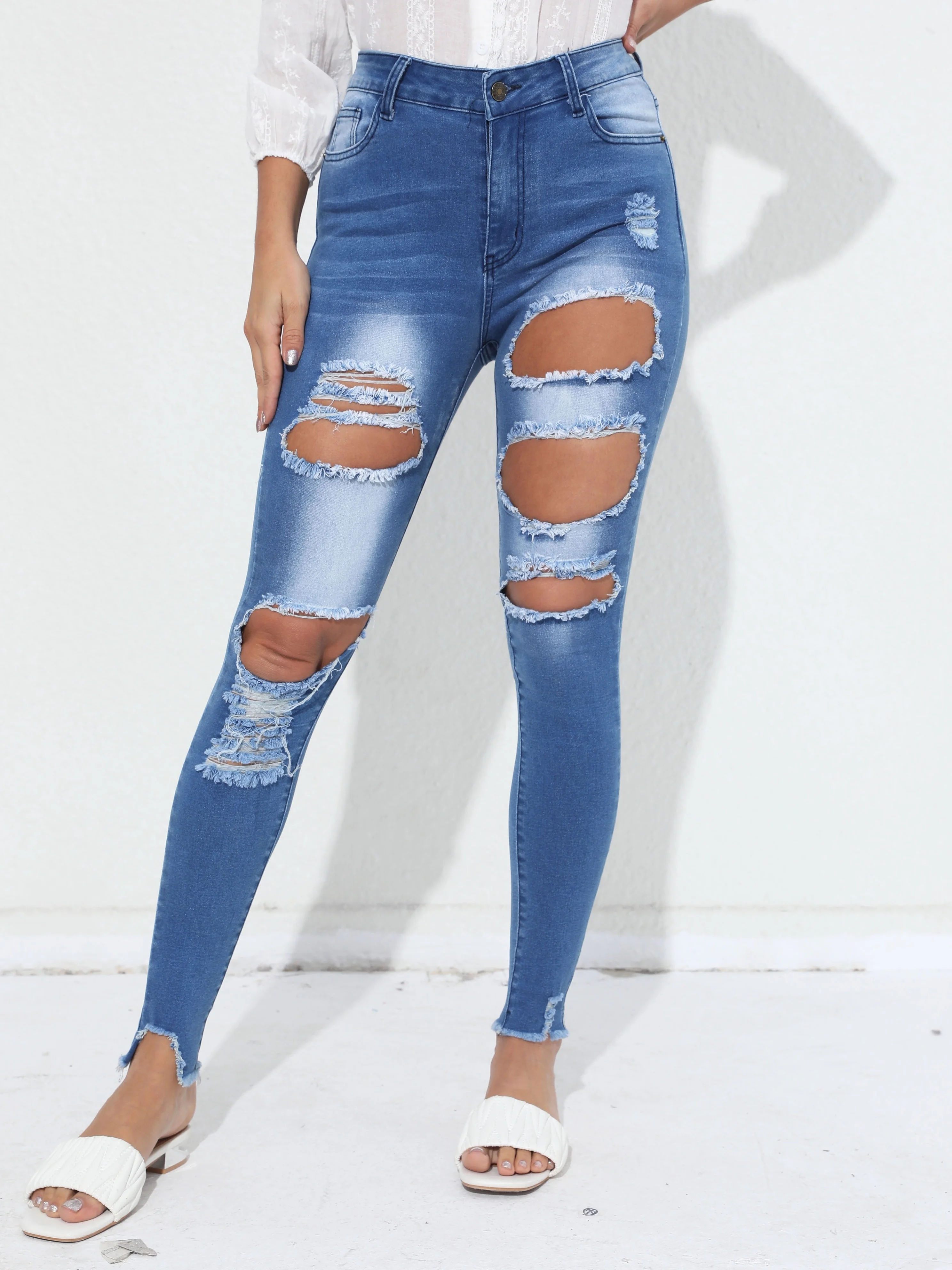 

Summer new style European and American version high-waist tight skinny ankle-length fringed casual slimming ripped jeans for wom