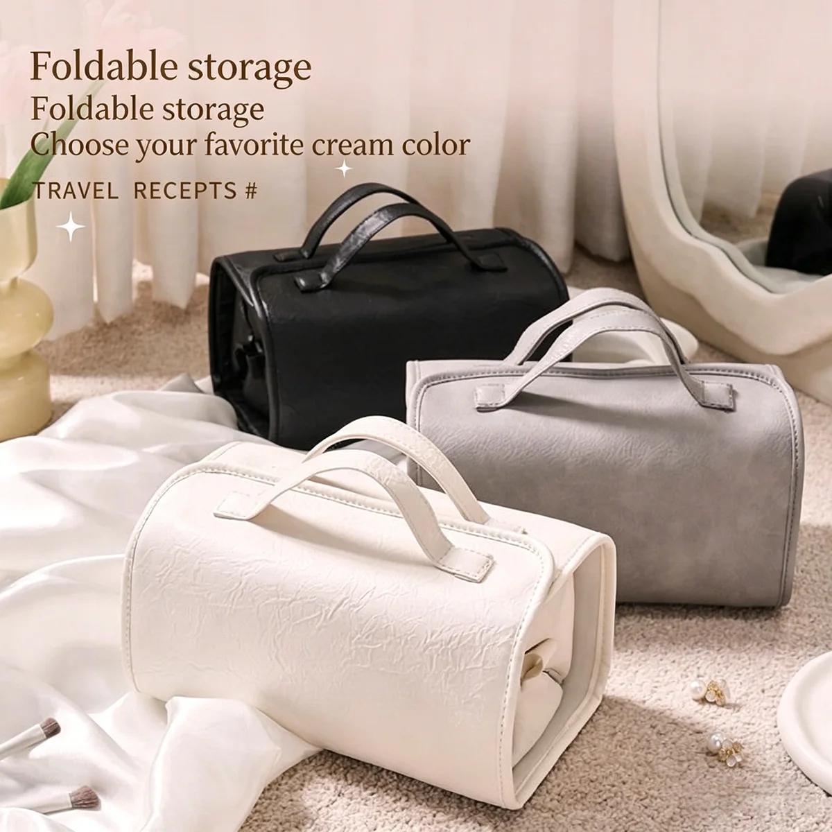 Detachable Foldable Women Makeup Bag Large Capacity Handheld Travel Toiletry Storage Organizer Bag